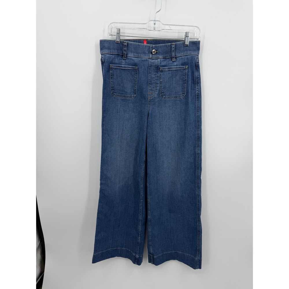 Spanx Wide Leg Denim‎ Jeans Women Medium Blue Stretch Patch Pockets 20621T